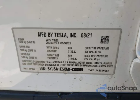 2021 Tesla Model S Long Range Dual Motor All-Wheel Drive z USA, uszkodzony, nr VIN 5YJSA1E5XMF438869